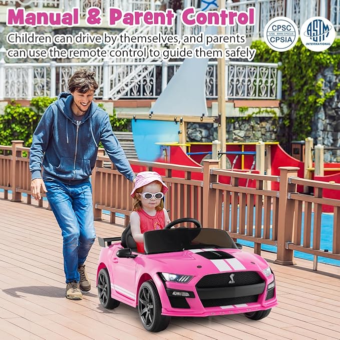 Costzon Ride on Car, 12V Licensed Ford Mustang Shelby GT500 Kids' Electric Vehicles w/Remote Control, USB Port, Radio, Music, Player, High Low Speed & Soft Start, Racing Kids Car for Toddlers (Pink)