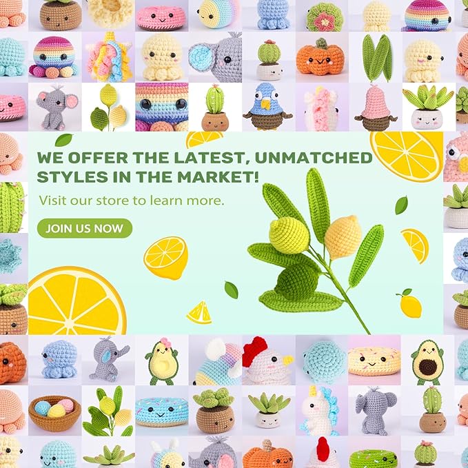 Crochetta Crochet Kit for Beginners, Crochet Kit w Step-by-Step Video Tutorials, Crochet Starter Kit Learn to Crochet Kits for Adults Kids Beginners, 3 Lemons Familly (40%+ Yarn Content)