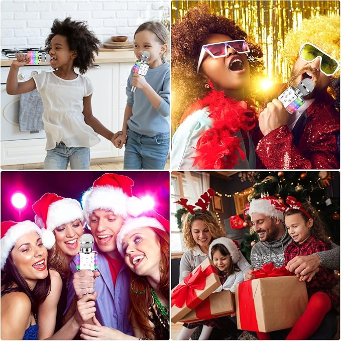 BlueFire 4 in 1 Karaoke Wireless Microphone with LED Lights, Portable Microphone for Kids, Great Gifts Toys for Kids, Girls, Boys and Adults (Silver)