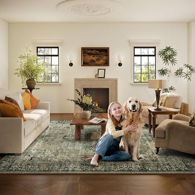 5x7 Area Rugs for Living Room: Washable Bedroom Rug Boho Vintage Rugs Stain Resistant Non Slip Low Pile Soft Lightweight Carpet for Kitchen Dining Room Farmhouse Nursery Kids Room