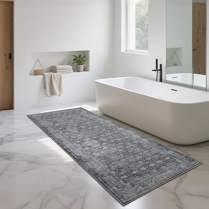 2'6"x8' Washable Runner Rug for Hallway, Non Slip Vintage Floral Long Carpet Runners for Entryway, Kitchen, Bathroom, Bedroom, Low Pile Laundry Rugs with Rubber Backing (Distressed Grey)