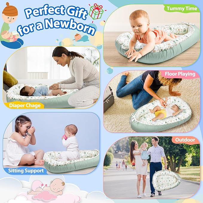 Baby Lounger - Breathable & Soft Baby Nest, Portable and Lightweight Tummy Time Lounger for Home and Travel, Ideal Newborn Babies Essentials Baby Shower Gifts