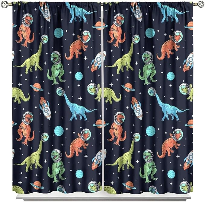 Cartoon Dinosaur Curtains for Kids Boys Girls Home Decor, Astronaut Rocket Funny Outer Space Blackout Rod Pocket Window Drapes for Bedroom Living Room W21xL54in 2 Panels