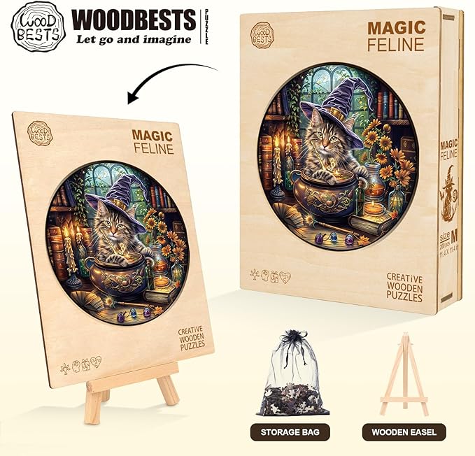 KAAYEE Wooden Puzzles for Adults, 3D Visual Effect Magic Feline Cat Wooden Jigsaw Puzzle Unique Shape Wood Puzzle Adult, 3D Effect Flat Puzzle Birthday Family Game (M-11.4 * 11.4 in-200pcs)