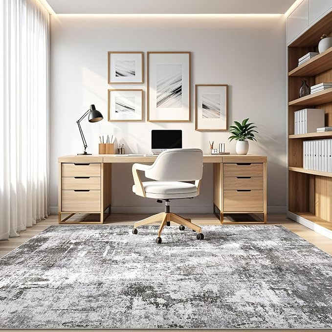 7x10 Area Rug Living Room: Washable Large Abstract Modern Soft Stain Resistant Indoor Floor Rugs Non Slip Accent Carpet for Bedroom Nursery Playroom Office Dining Room Dorm Home House- Black Grey