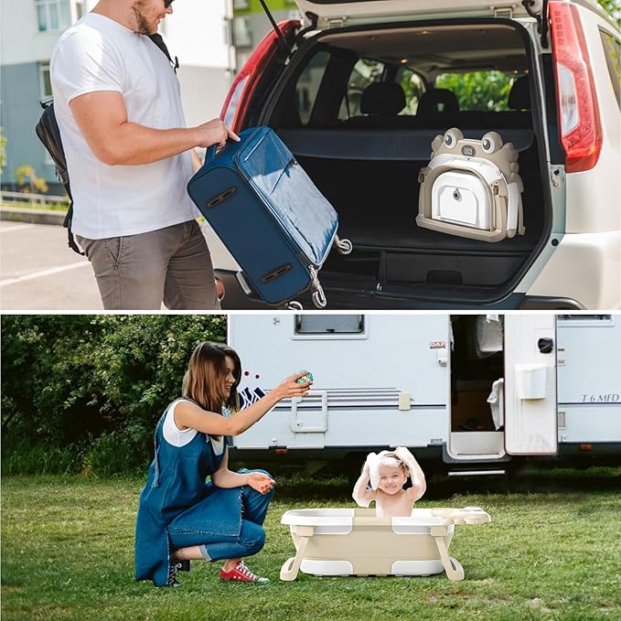 Collapsible Baby Bathtub for Infants to Toddler with Real-time Temp Monitor+Floating Cushion,Foldable Baby Bath Tub Set Applicable 0-36 Month,Portable Travel Baby Tub for Newborns Boy (Beige)