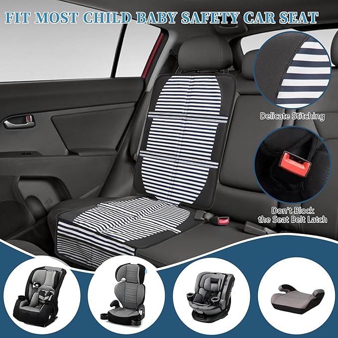 Car Seat Protector for Child Car Seat, 2 Pack Baby Car Seat Covers with Mesh Pockets & Non-Slip Backing 600D Durable Seat Protector Under Baby Car Seat for Car Back Seat (Stripe, Large)