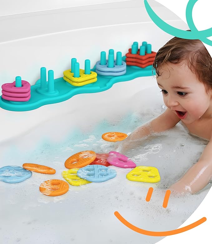 Baby Bath Toys Mold-Free Silicone Bath Toys, Sensory Shape Sorting & Stacking Set Includes 20 Floating Pieces, Early Learning Bathtub Toys for Toddlers