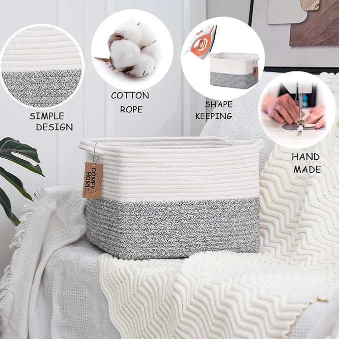 COMFY-HOMI 3-Pack Cotton Rope Woven Basket with Handles for Shelves, Book, Cloth Basket|Dog Toy Basket for Organizingy|13.5" x 11" x 9.5" for Bedroom(White/Grey)