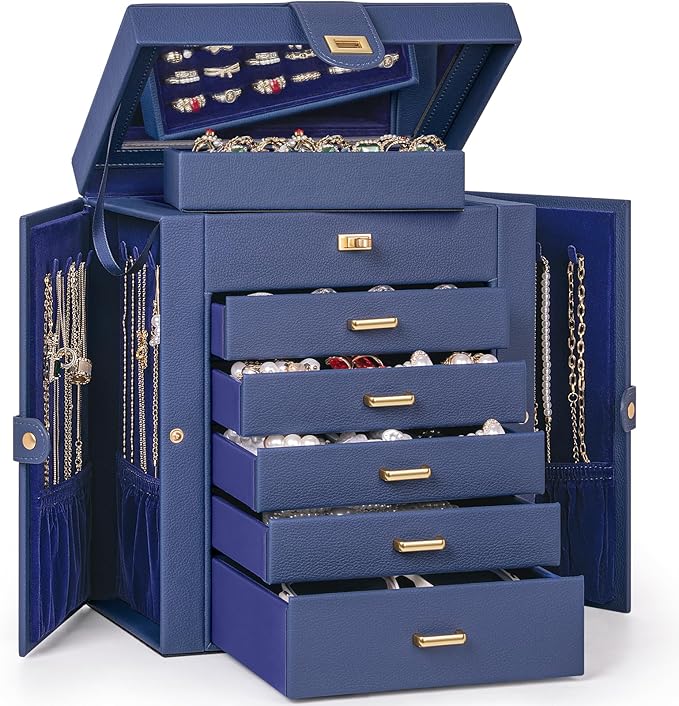 AKOZLIN 6-Tier Jewelry Box Organizer Functional 5 Drawers Leather Jewelry Storage Case for Women Girls Ring Necklace Earring Bracelet Holder Organizer with Mirror Blue