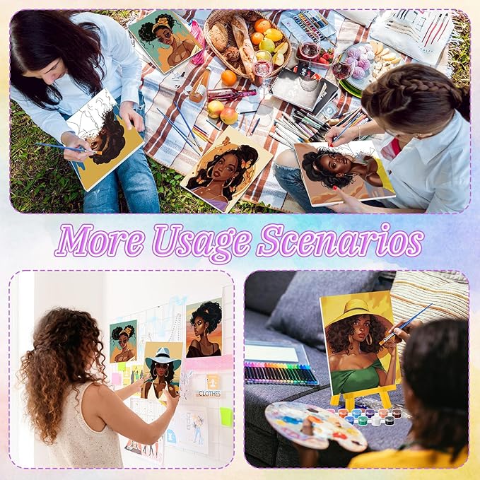 Blosssound 10 Set Pre Printed Canvas Pre Drawn Canvas Painting with Easel Kits 5" x 7" Outline Painting Panels for Beginners, DIY Craft Project, Party Favor, Home Decors(Black Women)