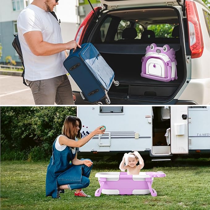 Collapsible Baby Bathtub for Infants to Toddler with Real-time Temp Monitor+Floating Cushion,Foldable Baby Bath Tub Set Applicable 0-36 Month,Portable Travel Bathtub for Newborns Girl (Purple)