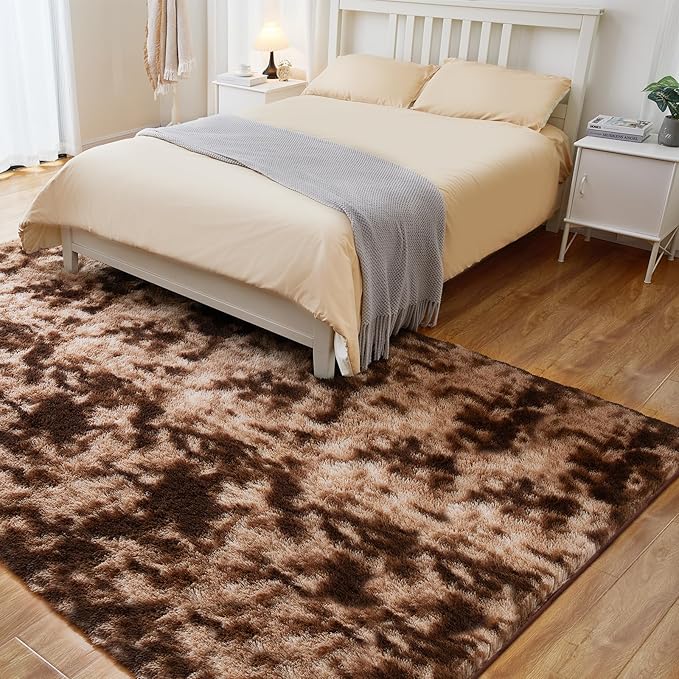 Fluffy Shag Area Rug, 3x5 Tie-Dyed Brown Rugs for Bedroom, Soft Plush Area Rugs for Living Room, Non-Slip Indoor Carpet for Nursery, Study Room, Dressing Room, Home Decor