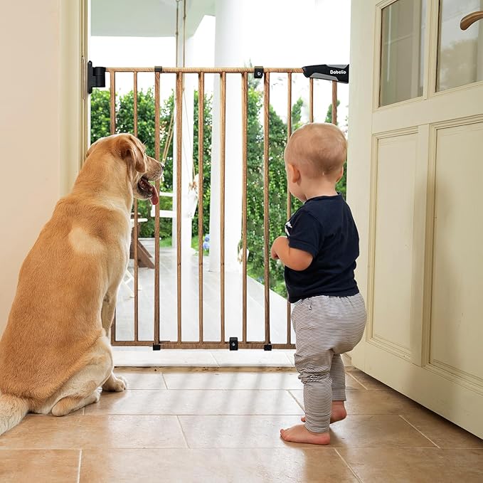 Babelio 34" Extra Tall Baby/Dog Gate with No Threshold Design Walk Thru Door, 26-43" Auto Close Safety Gate for Babies, Elders and Pets, Fits Doorways, Stairs, and Entryways, Brown Wood Pattern
