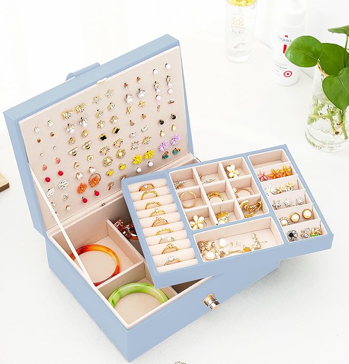 Girls Jewelry Box Earring Holder Organizer for Girls Jewelry Organizer Box Stud Earrings Organizer for Girls Womens Blue Jewelry Box for Earrings and Necklaces Rings Stud Earrings Box for Teen
