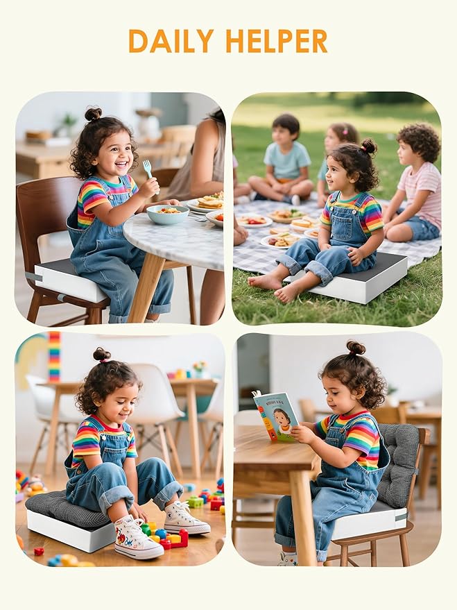 Booster Seat for Kitchen Chair, Adjustable Washable Safety Belts Toddler Booster Seats, PU Non-Slip Kids Dining Table Booster Seat, Portable Travel Increasing Cushion for Child Kid Boy Girl - Gray