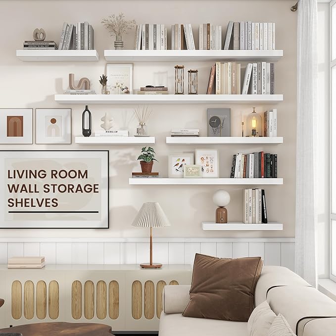Floating Shelves for Wall, Large Wall Mounted Shelves with Invisible Brackets, Long Wood Floating Shelf for Living Room, Bedroom, Kitchen, (White, 72" W x 9" D x 1.5" H)