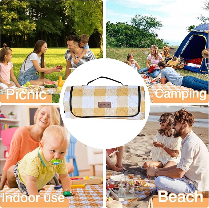 HX&OD Outdoor Picnic Blanket, Extra Large, 80''x60'' Waterproof Foldable Blankets Gingham Picnic Mat for Beach, Camping Grass Lawn Park Accessories Cute Couple Ideas Wedding (Yellow, 80”x60”)