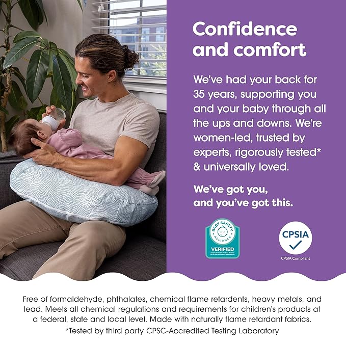 Boppy Nursing Pillow - Ergonomic Bottle & Breastfeeding Pillow with High, Firm, Large Area, Water-Repellent Cushion with Washable Cover; Baby Safety Alliance Verified - Blue Speckled Current