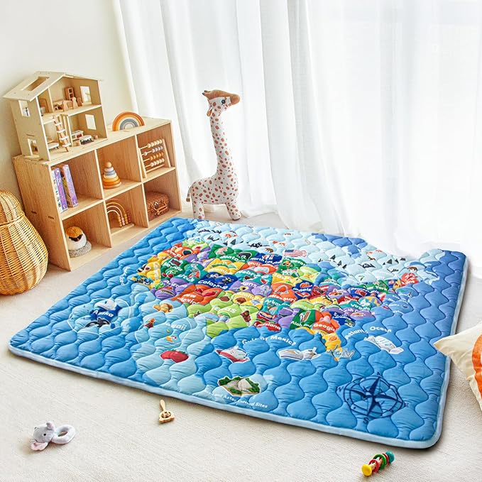Baby Play Mats for Floor, 71”x59” Upgraded Thickness & Larger Super Soft Playmat for Babies and Toddlers, Foldable Washable, Upgrade Anti-Slip Crawling Mat for Playpen(Map)