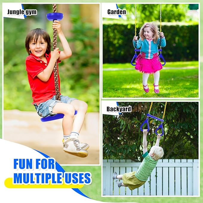 Hungdao 2 Set Gym Ring Trapeze Swing Bar and Climbing Rope with Platforms Disc Heavy Duty Coated Chains Seat Accessories for Outdoor Indoor Playground Backyard(Blue)