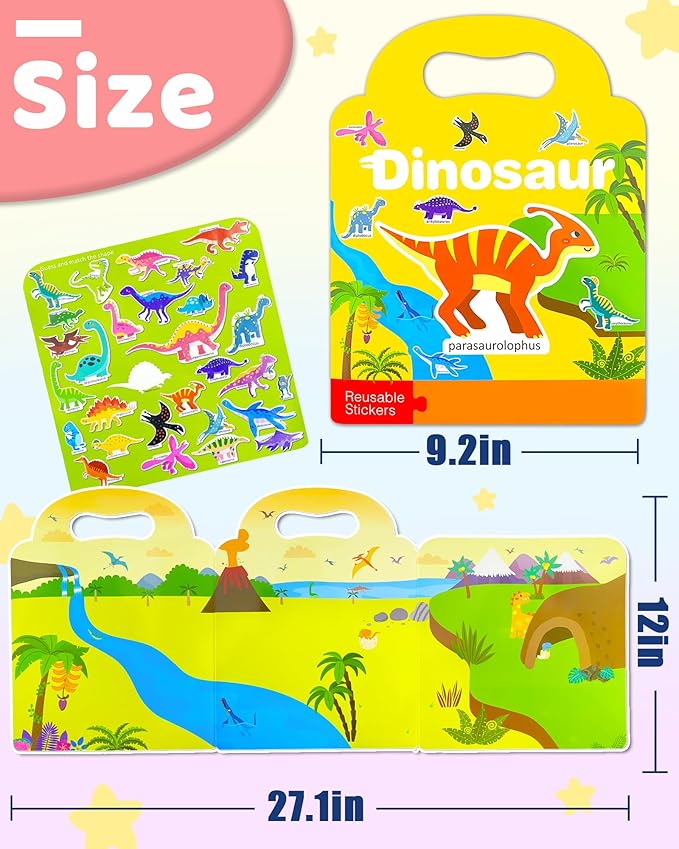 Benresive Reusable Sticker Books for Kids 2-4, Sticker Books for Toddlers 1-3 2-4, Toddler Travel Toys Activities Crafts Gifts - Dinosaur