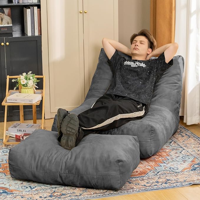 Bean Bag Chair with Ottoman, Comfy Bean Bag Sofa with Memory Foam, Lazy BeanBag Sofa with Footstool, Fireside Bean Bag Couch for Living Room, Bedroom, Apartment