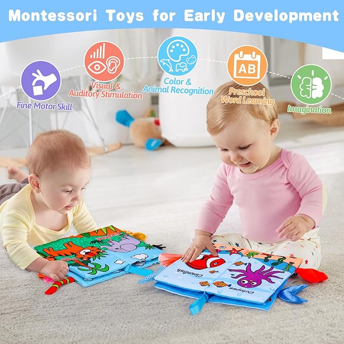 2PCS Baby Books 0-6 Months Tummy Time Infant Toys 0-3 Months High Contrast Baby Sensory Toys 3-6 6-12 Months Newborn Essentials Must Haves Crinkle Touch Feel Busy Soft Books for Babies Shower Gifts
