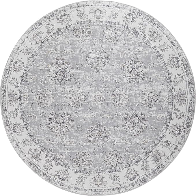 jinchan Round Rug 5ft Area Rugs Vintage Floral Distressed Design - Machine Washable Non-Slip Low-Pile Ultra-Thin Circle Rug for Entryway Bedside Living Room Dining Room Bedroom (5' Round,Grey)