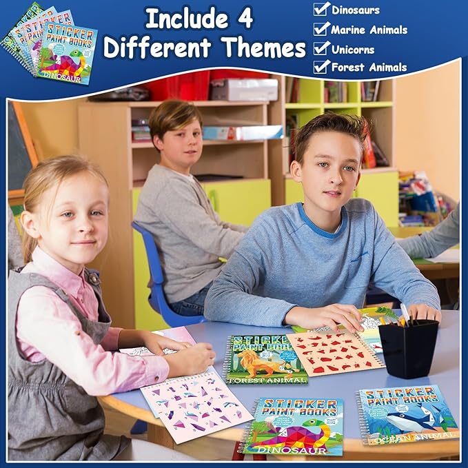 4 Pcs Paint by Sticker Books for Kids Ages 4-8 Sticker by Number Books Activity Book for Kids Ages 3-5 Sticker Puzzle Book Craft Art Toddler Girls Gift with Dinosaur Unicorn Ocean Animal 32 Pictures