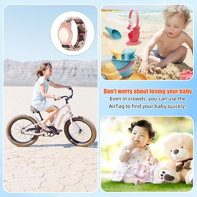 Compatible with Apple AirTag Bracelet for Kids, Camo Nylon Air Tag Wristband, Protective Case for Airtag GPS Tracker Holder, Adjustable Anti Lost Watch Band for Toddler Child Elder (Pink)