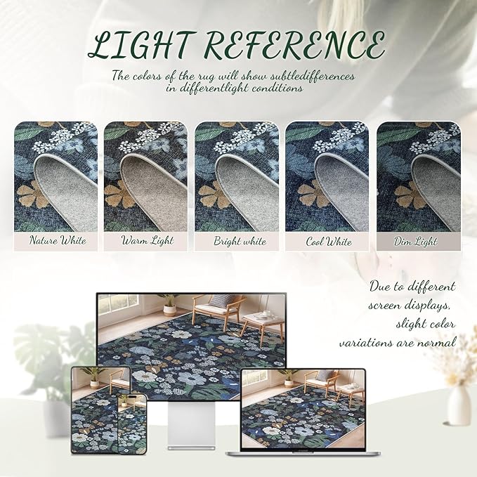 Area Rug Living Room Rugs: 5x7 Washable Rug Vintage Floral Soft Boho Non Slip Carpet Indoor Floor Non Shedding Low Pile Thin Carpets for Bedroom Dining Room Farmhouse Nursery Home Office Blue