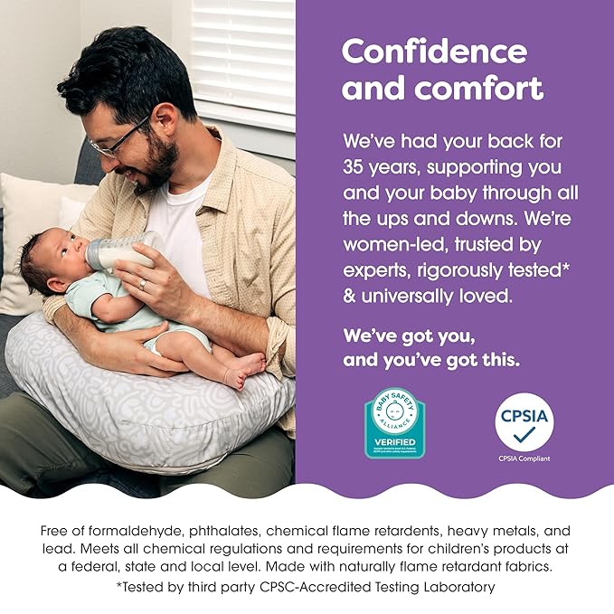 Boppy Nursing Pillow - Ergonomic Bottle & Breastfeeding Pillow with High, Firm, Large Area, Water-Repellent Cushion with Washable Cover; Baby Safety Alliance Verified - Cream Retro Squiggles