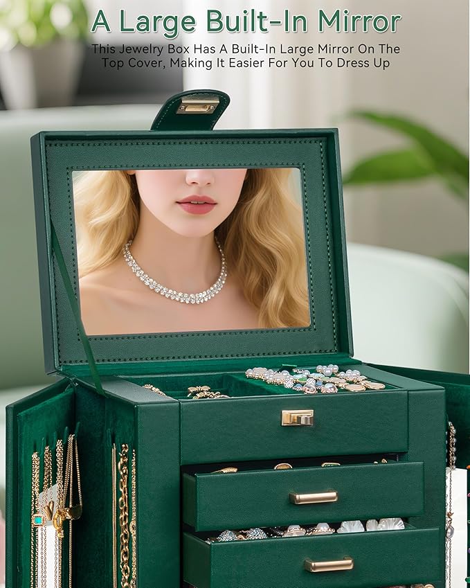 AKOZLIN 360° Rotating Jewelry Box 6-Tier Organizer Functional Jewelry Storage Case for Women Girls Ring Necklace Earring Bracelet Holder with Mirror