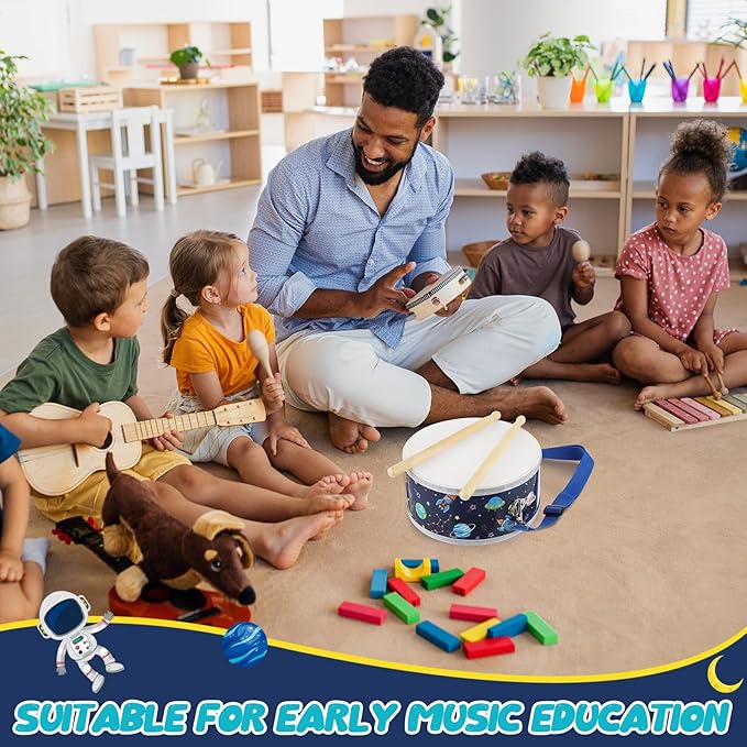 Boao 1 Pc Kids Drum Set, 8 Inch Toddler Drum Wooden Toy with Adjustable Strap and 4 Drumsticks, Educational Sensory Musical Instrument for Toddlers Kid Baby Boys Girls Gift (Space)