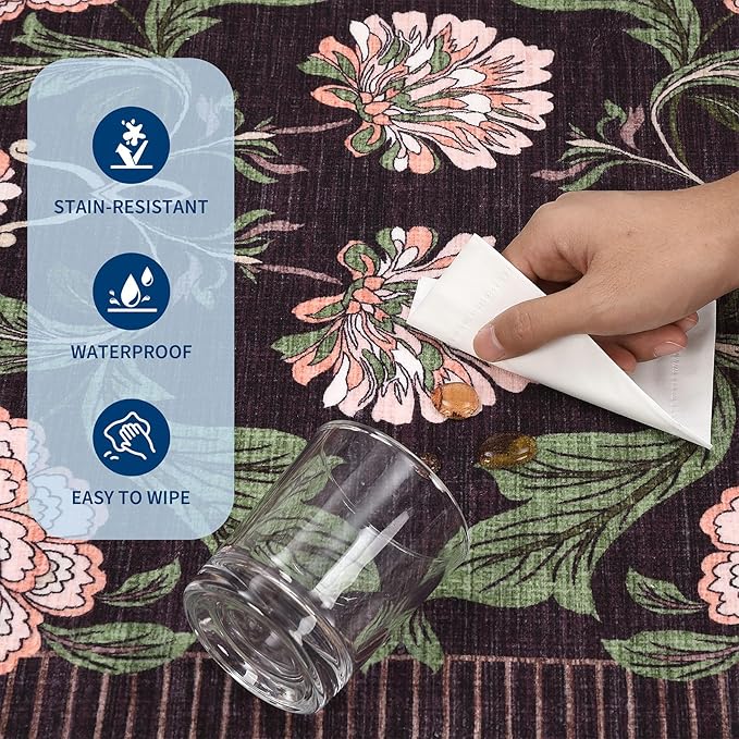 GarveeHome Plum Pink Floral Botanical Washable 5x7 Rug for Living Room, Black Purple Vintage Boho Cottage Throw Rugs Low Pile Carpet for Bedroom Dining Nursery Rug