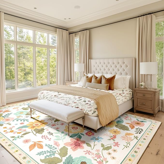 Floral 9x12 Area Rug Machine Washable Soft Print Boho Carpet Non Slip Doormat Low Pile Flower Area Rugs for Living Room Bedroom Nursery Kitchen Dining Room Indoor-Beige/White/Orange
