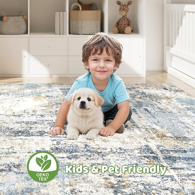 7x10 Area Rugs Washable Rug: Living Room Large Abstract Modern Soft Stain Resistant Indoor Floor Non Slip Accent Carpet for Bedroom Nursery Playroom Office Dining Room Dorm Home House- Blue