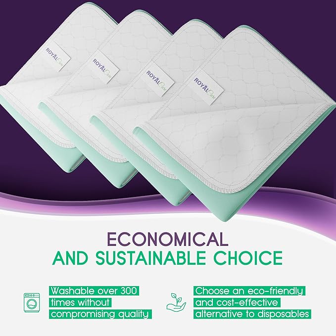 Incontinence Bed Pads - 4 Pack 34"x36" Reusable Waterproof Mattress Protectors - Highly Absorbent, Machine Washable - for Children, Pets and Seniors - Green - Royal Care