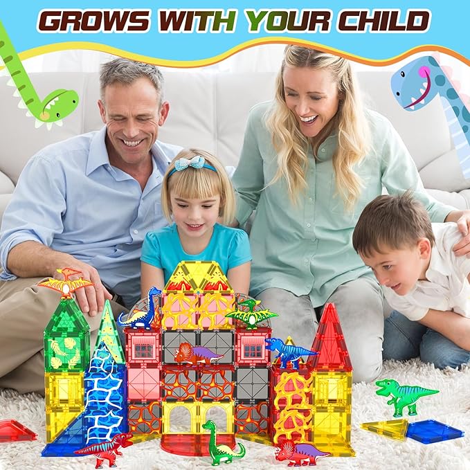 102PCS Dinosaur Toys Magnetic Tiles with 8 Dinosaurs - Jurassic Scenes Dinosaur World Adventure Set, Magnetic Blocks Kids Toys for Boys & Girls Ages 3+, Sensory Toddler Creative Kids Games Gifts