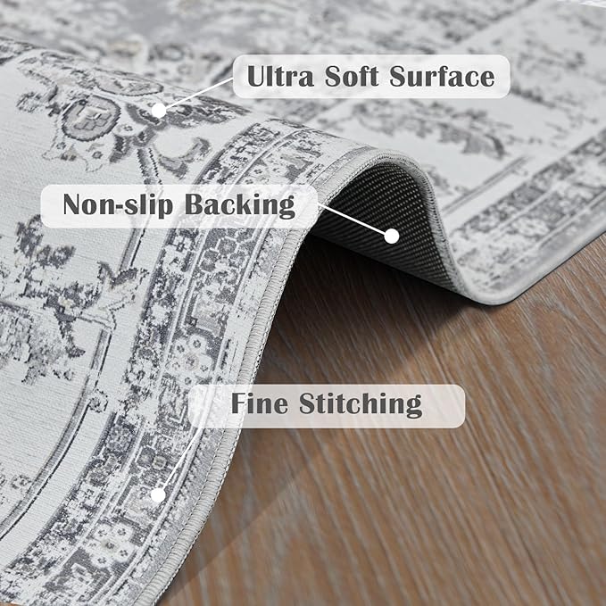 jinchan Runner Rug 3x8-2pcs Kitchen Washable Vintage Rug Hallway RugFloral Print Floor Cover Indoor Thin Retro Mat Accent for Bathroom Laundry Room Bedroom Office Farmhouse (Double,Grey)