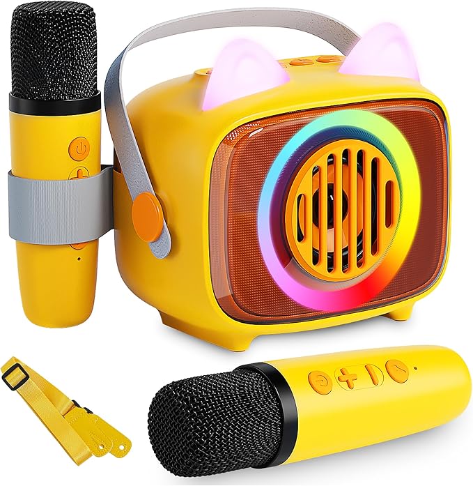 BIGASUO Karaoke Machine for Kids, Mini Portable Bluetooth Speaker with 2 Wireless Microphones and LED Lights, Kids Toys Ideal Gifts for Girls & Boys Birthday Home Party Yellow-2Pack