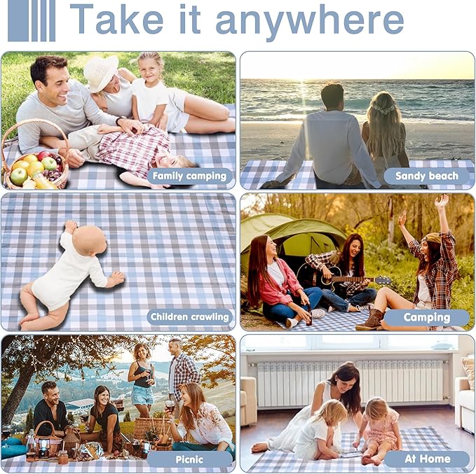 80"x60" Waterproof Sandproof Picnic Mat - Portable Foldable Outdoor Blanket for Beach, Park, Travel & Indoor Use - Lightweight Compact Design, Easy-Carry (Blue&Gray)