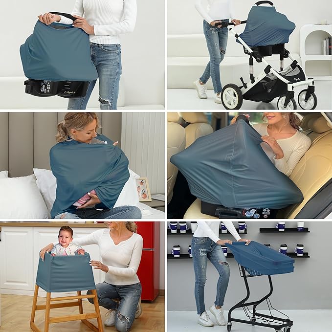 Breathable Car Seat Cover for Babies – Multi-Purpose Soft Rayon Nursing Cover for Breastfeeding, High Stretchy Infant Carseat Canopy, Stroller Cover (Smooth Rayon, Blue)