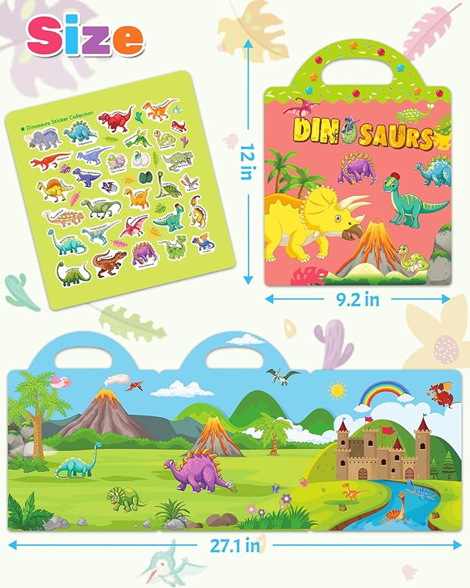 Benresive Reusable Sticker Book for Toddlers 2-4 Years, Fun Travel Stickers for Kids, Waterproof Sticker Books for Toddlers 1-3, Crafts Activities for Todddlers 1-3 2-4 3-5 - Dinosaurs
