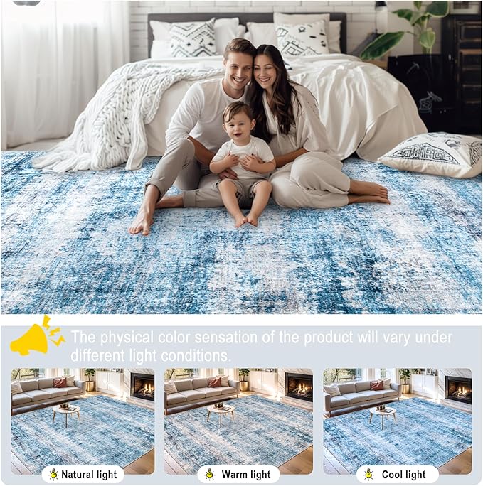 8x10 Area Rugs for Living Room - Washable Rug Modern Abstract Soft Large Neutral Non-Slip Carpet Indoor Floor Thin Carpets for Bedroom Dining Room Farmhouse Nursery Home Office Blue Grey