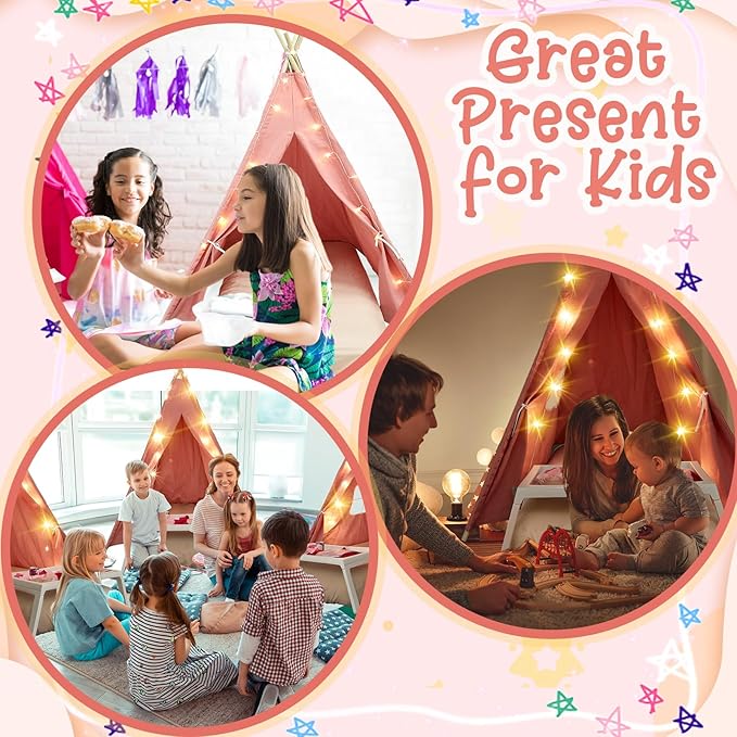 2 Pack Kids Teepee Tent with Mattress,Fitted Sheet,Light String,Washable Natural Cotton Toddler Play Tent for Girls Boys Indoor Outdoor Sleepover Slumber Birthday Party(Pink)