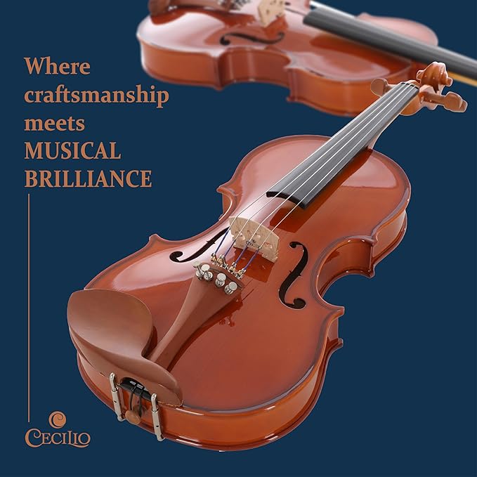 Cecilio 1/2 Size Natural Varnish Violin for Beginners, Hand-Carved Solid Spruce Top, Maple Back & Sides, Full Fiddle Kit with Hard Case, Bows, Rosin, Shoulder Rest, Lesson Book