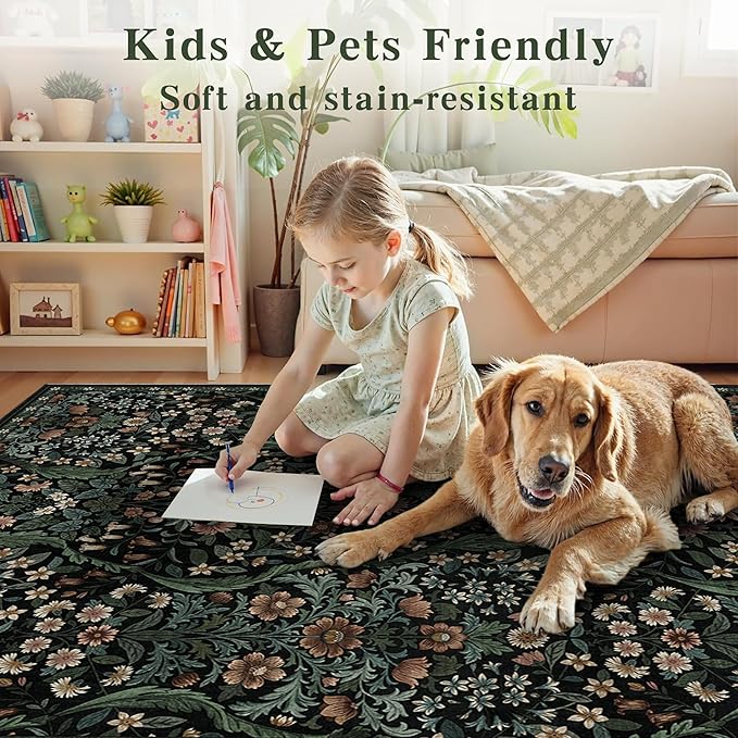 3x5 Black Boho Floral Vintage Area Rug,Soft Lightweight Low Pile Non-Shedding Carpet,Machine Washable Stain Resistant & Non-Slip for Entryway,Bedroom, Kids Room,Living Room