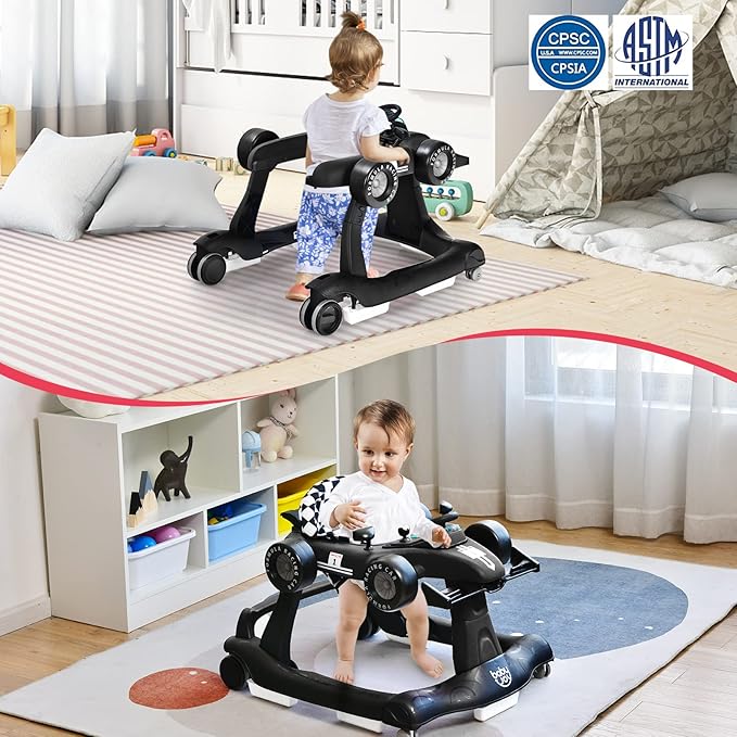 BABY JOY 4-in-1 Baby Walker, Foldable Activity Walker with Adjustable Height & Speed, Music, Lights, Anti-Rollover, Toddler Push Walker, Baby Walker with Wheels for Boys Girls 6-18 Months (Black)